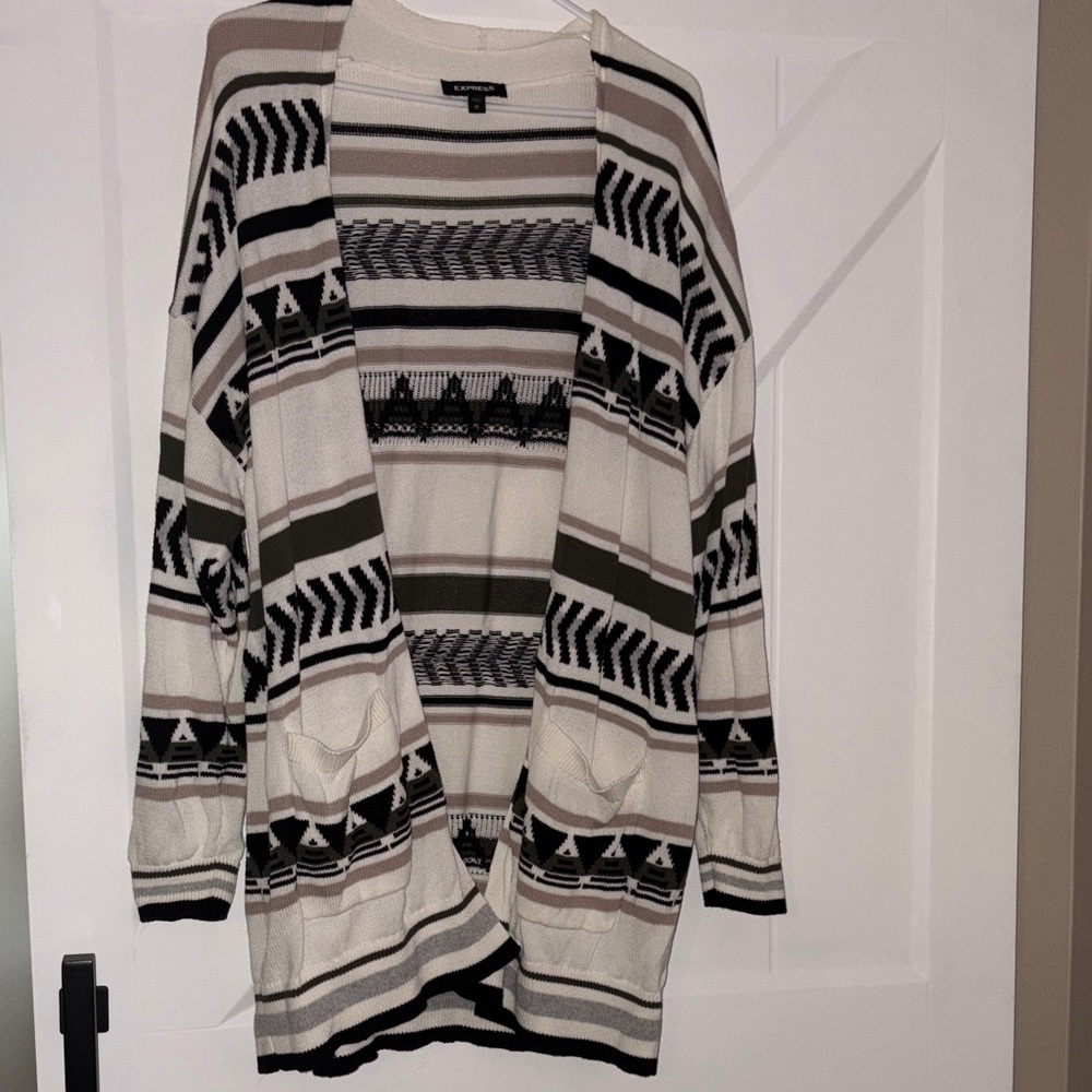Express Cream, Olive and Black Striped Open-Front Cardigan